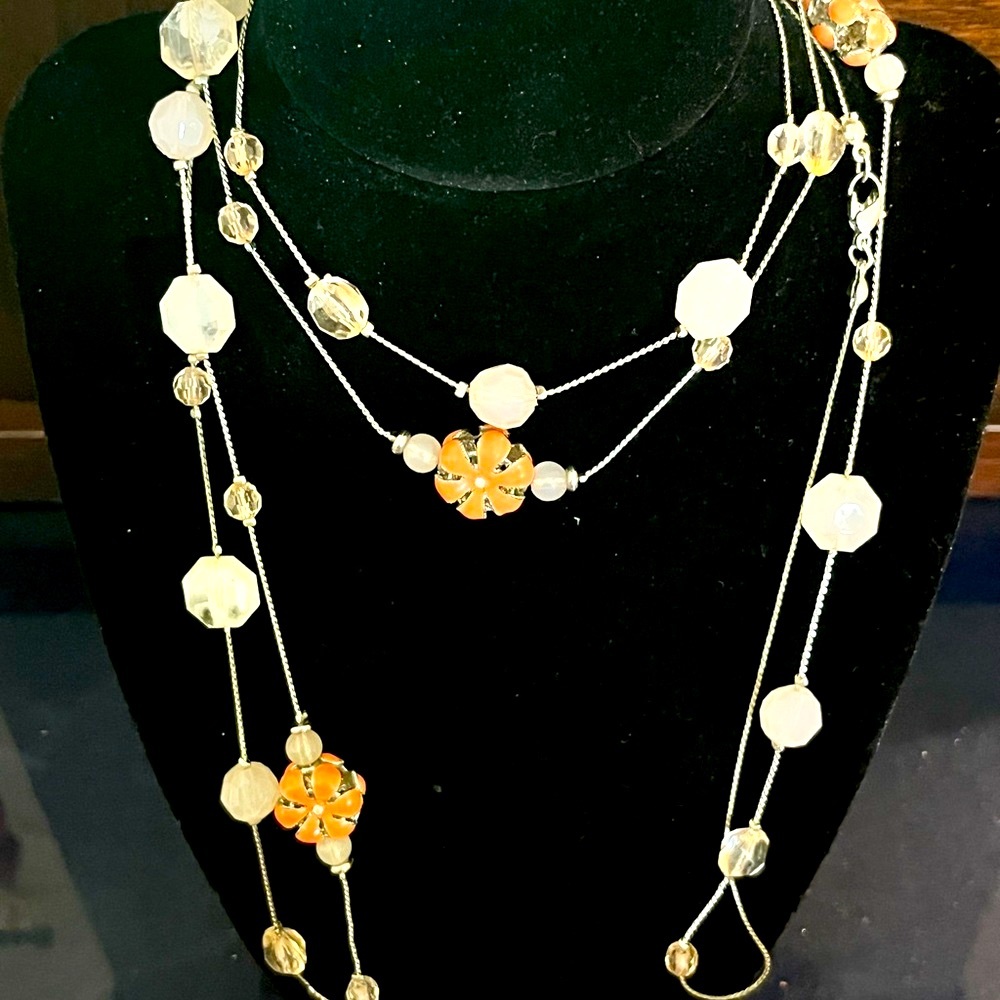 Extra Long Silver Pink Orange Flower Necklace - Picture 3 of 5